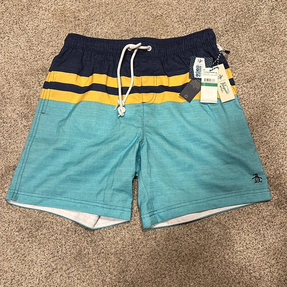 NWT Mens Penguin striped swim trunks